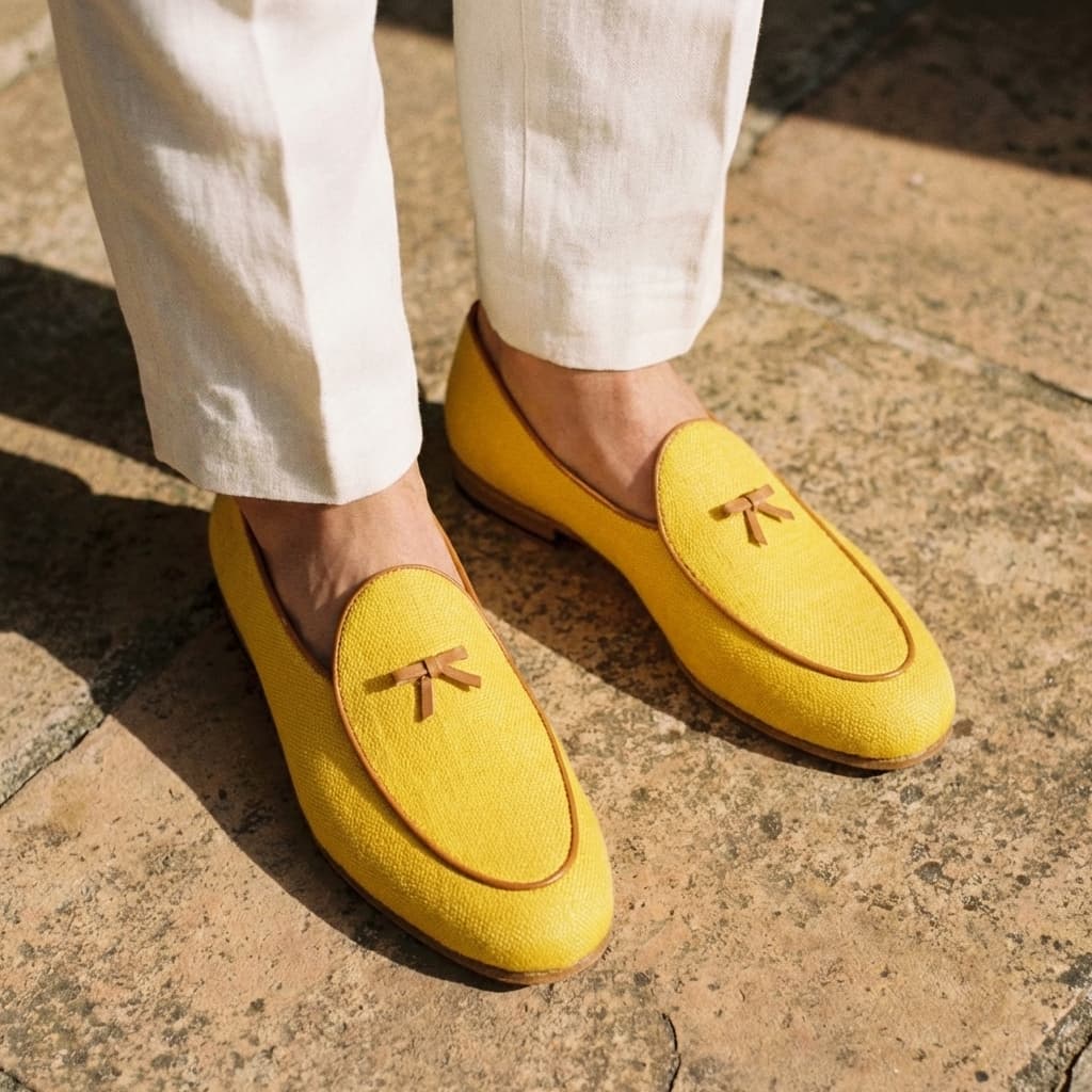 Slipper Belge — Lin Moutarde et Veau Cognac